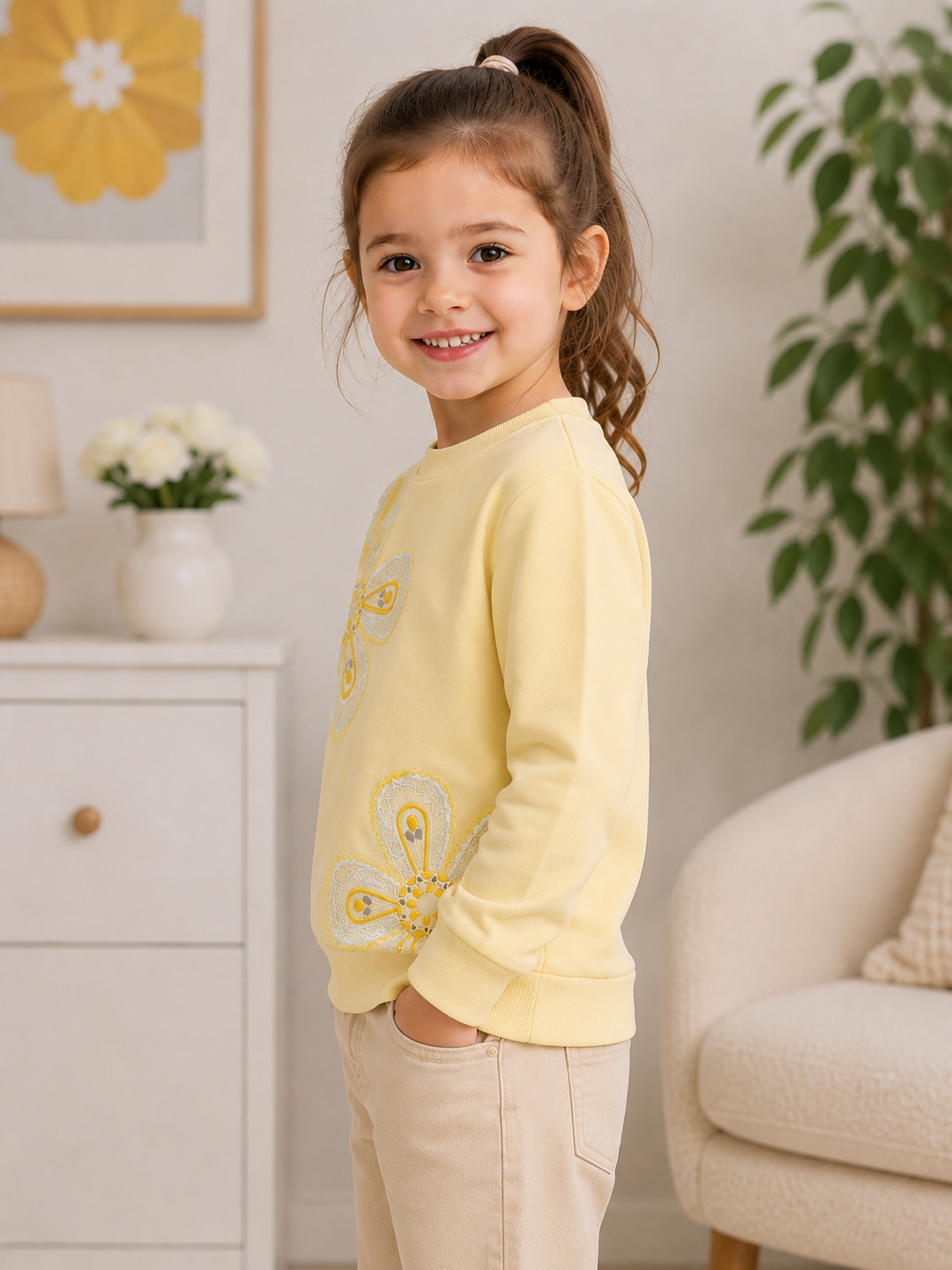 A young girl with a high ponytail stands in a brightly lit room wearing a pale yellow long-sleeve sweatshirt with embroidered butterfly details and beige pants.