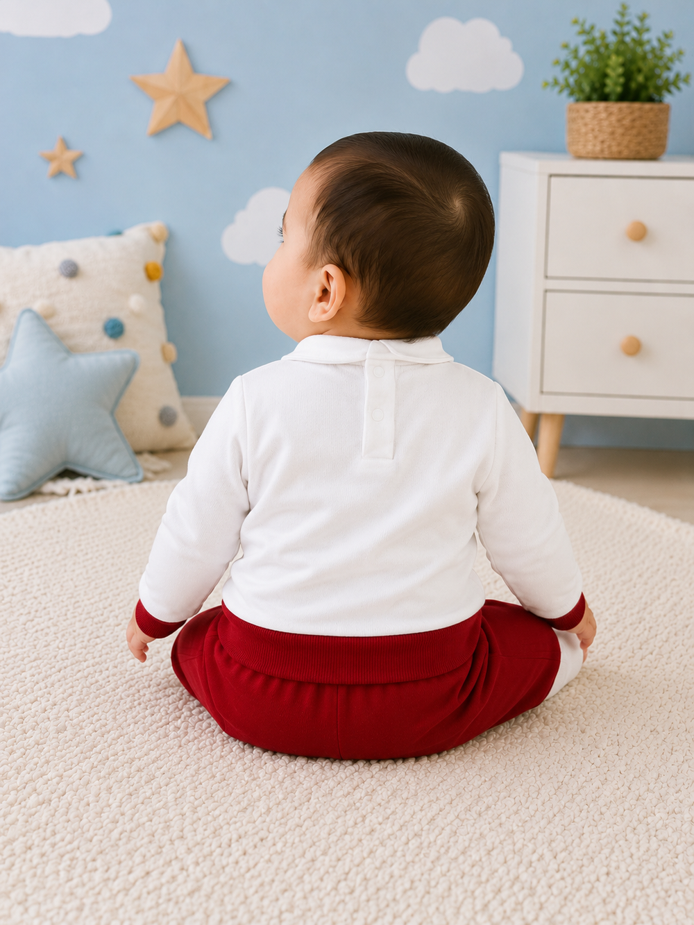 A baby sitting on a cream carpet in a nursery, viewed from behind, wearing a white long-sleeve top and red pants. The room features a light blue wall with cloud and star decals, a white dresser, and a small potted plant.