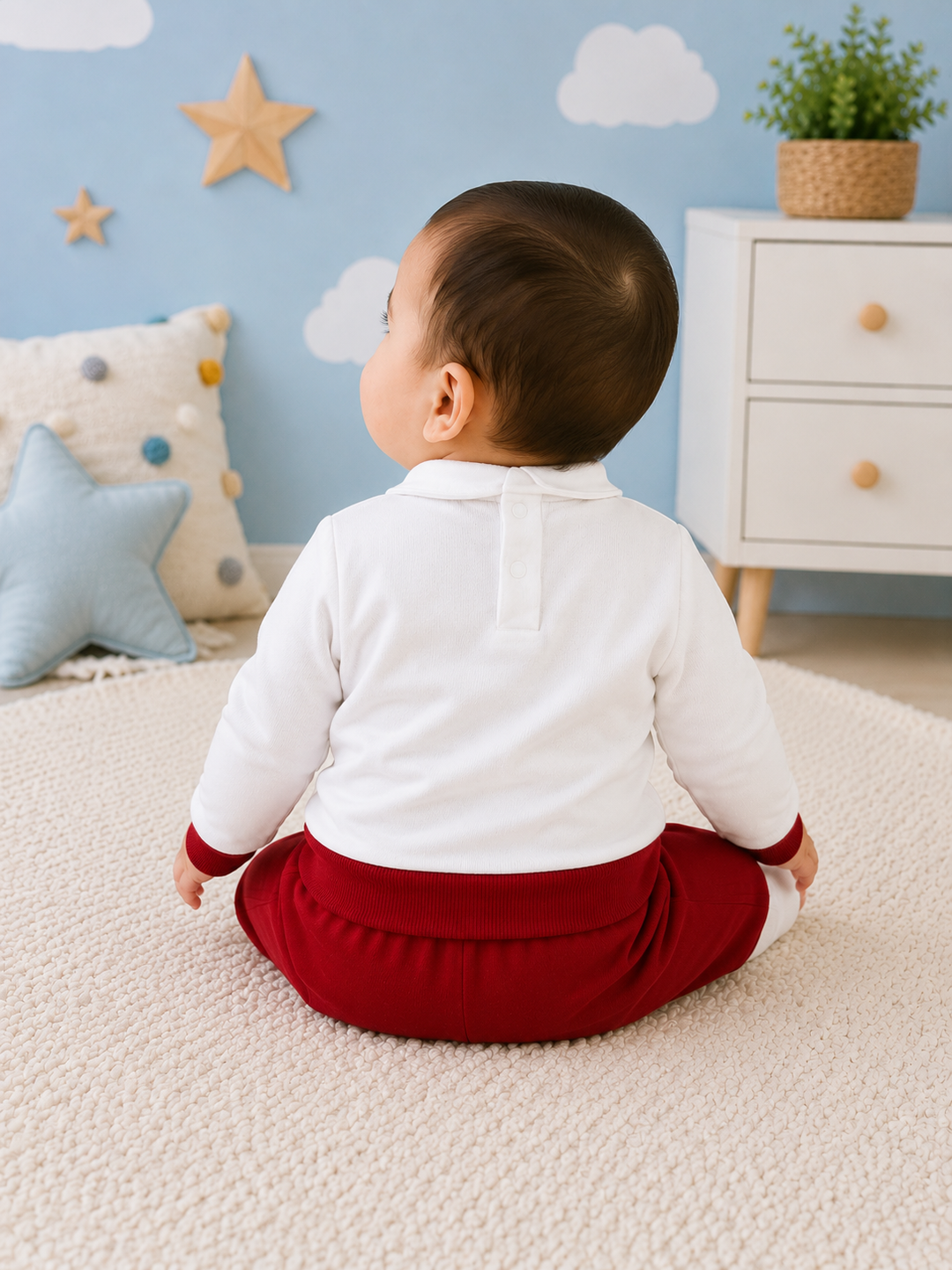 A baby sitting on a cream carpet in a nursery, viewed from behind, wearing a white long-sleeve top and red pants. The room features a light blue wall with cloud and star decals, a white dresser, and a small potted plant.