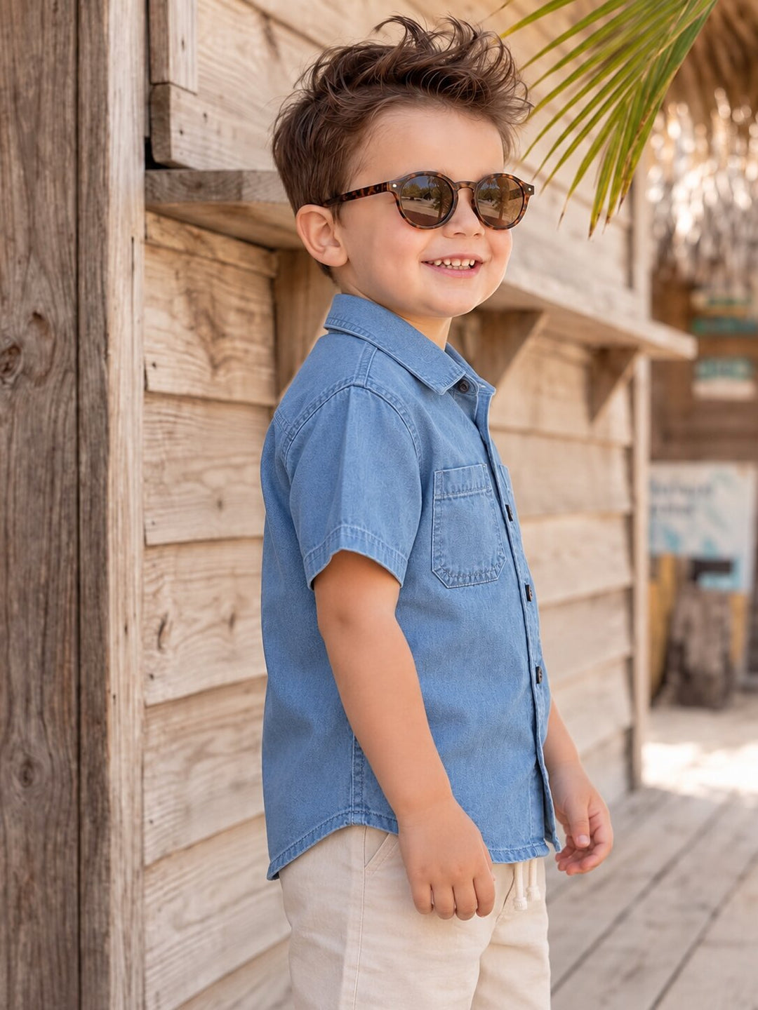 A young boy wearing a light blue short-sleeve button-up shirt and beige pants, standing outdoors against a rustic wooden wall and wearing dark sunglasses.