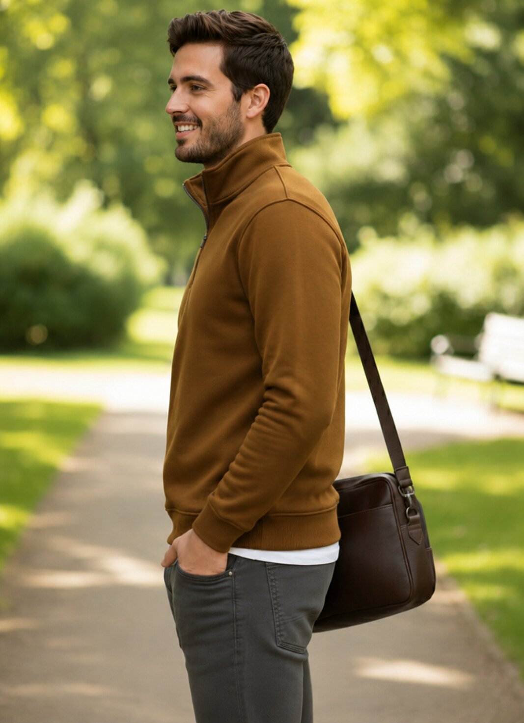 A man in a brown quarter-zip fleece jacket and gray pants stands on a park path, carrying a dark brown leather shoulder bag.