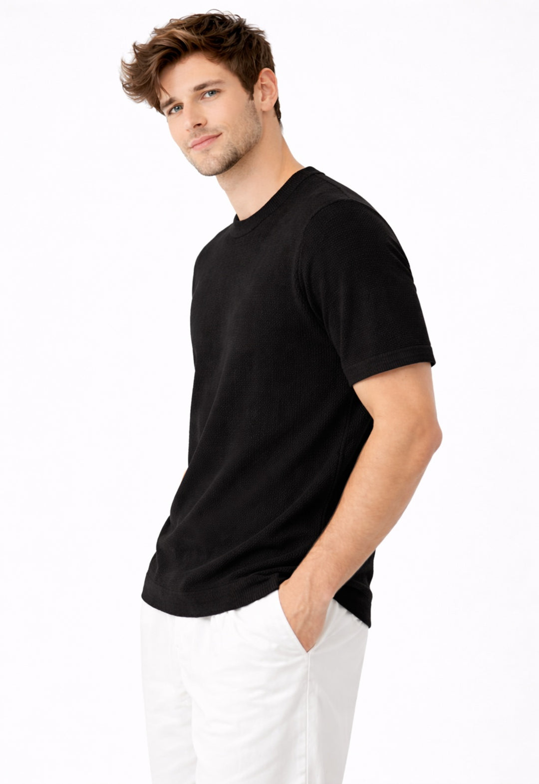 Textured Knitted T-Shirt - Black