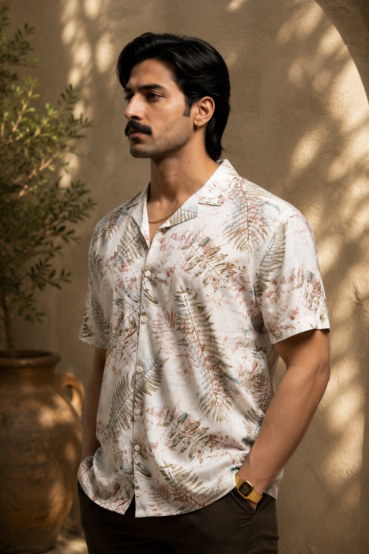 Tropical Leaf Print Casual Shirt – Cream