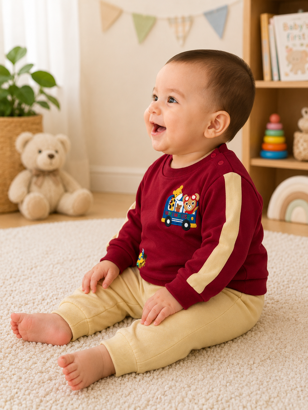 A baby sitting on a cream carpet in a nursery, wearing a burgundy long-sleeve top with beige side panels and a cartoon train graphic on the chest, paired with cream pants.