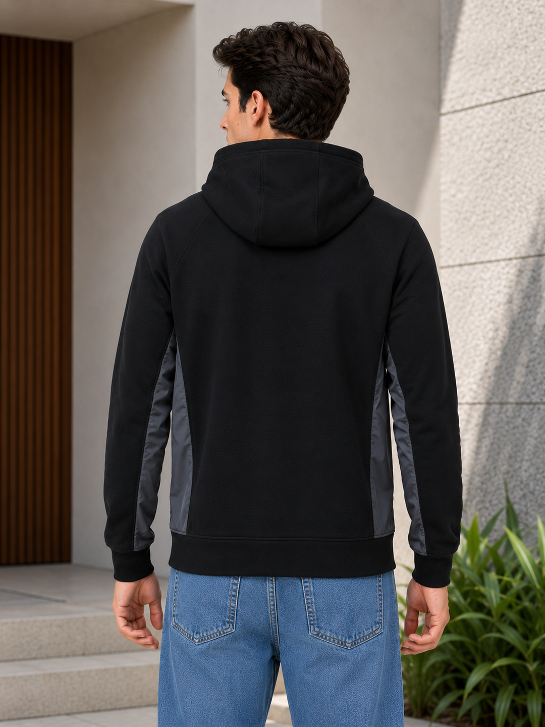 Contrast Side Panel Hooded Sweatshirt – Black