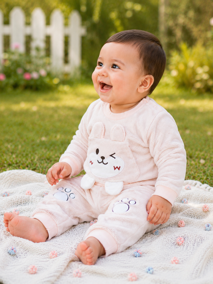 A baby sitting outdoors on a knitted blanket, wearing a pale pink long-sleeve romper with a white bunny face applique on the chest.