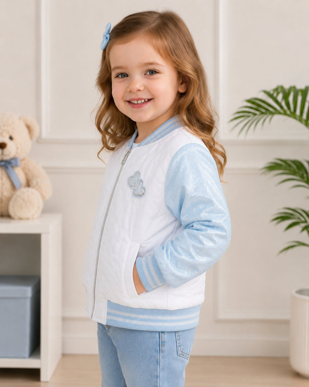 Sportking Girls Heart Applique Winter Jacket – White/Sky