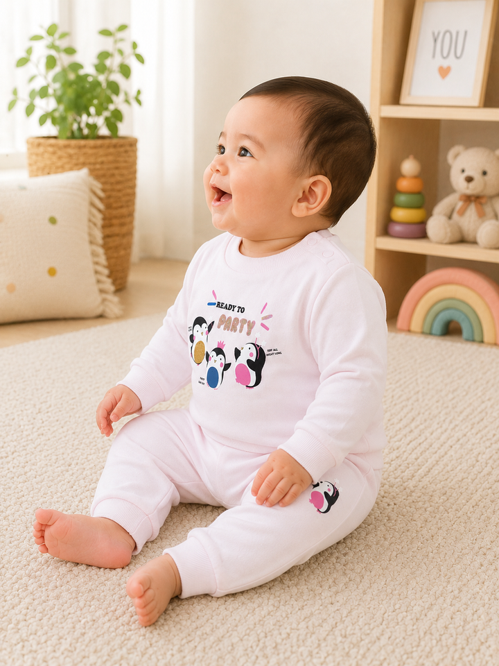 A baby sitting on a beige carpet in a bright nursery, wearing a white long-sleeve pajama set with a penguin graphic that reads 'READY TO PARTY'.