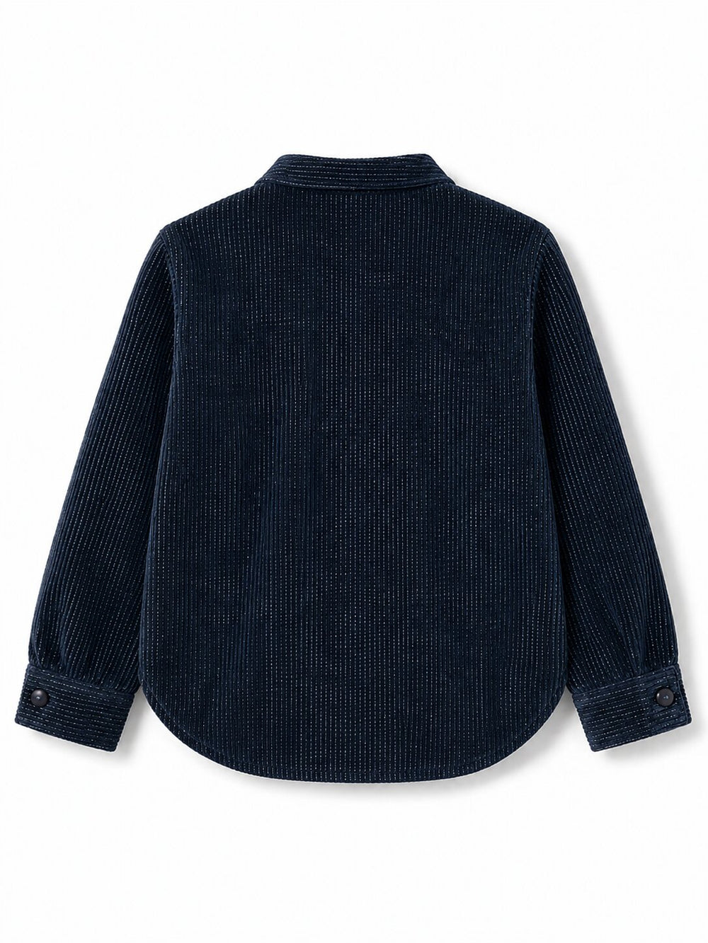 A dark navy blue corduroy shirt jacket shown from the back, featuring a classic collar and buttoned cuffs, laid flat against a white background.