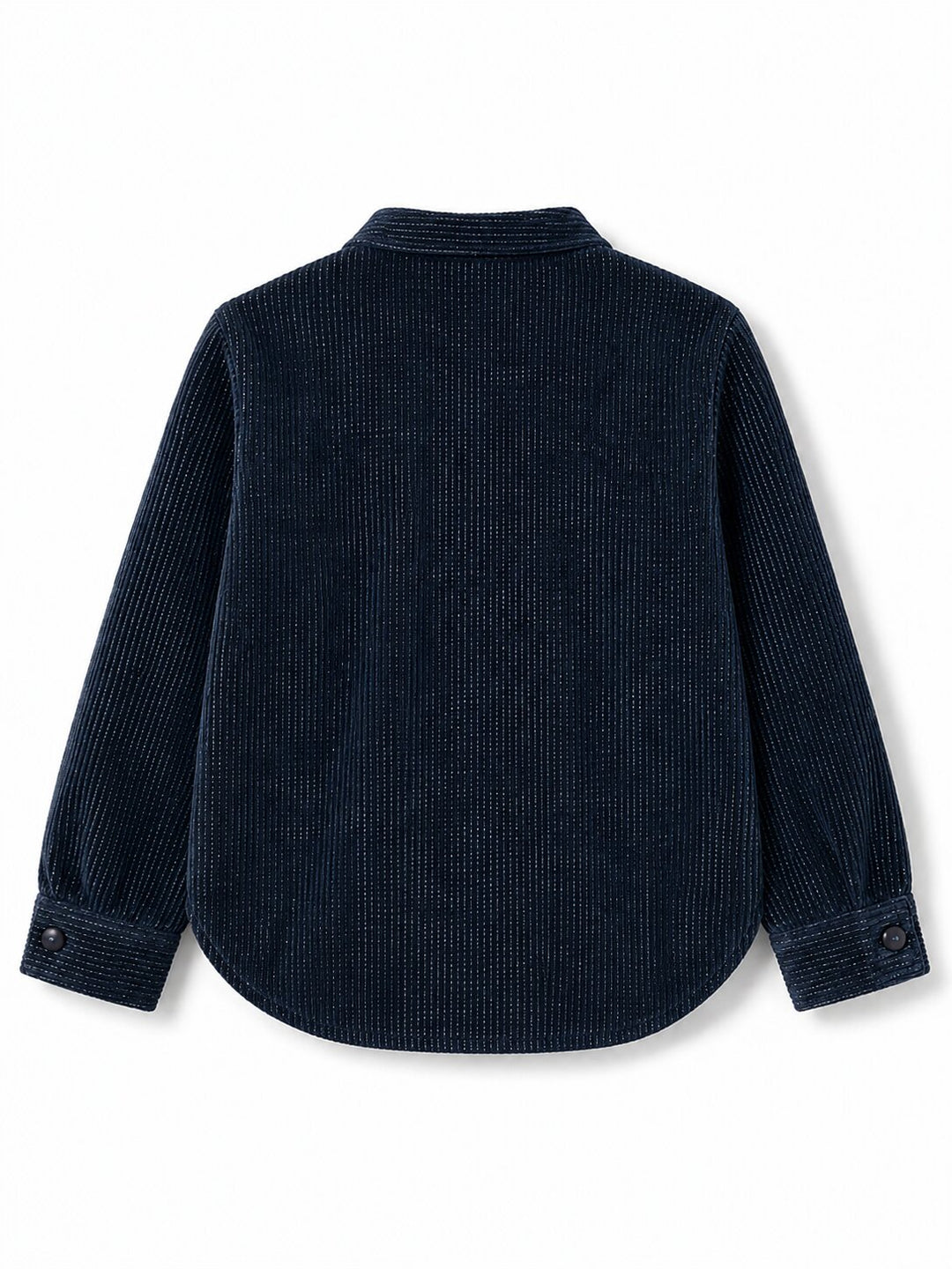 A dark navy blue corduroy shirt jacket shown from the back, featuring a classic collar and buttoned cuffs, laid flat against a white background.