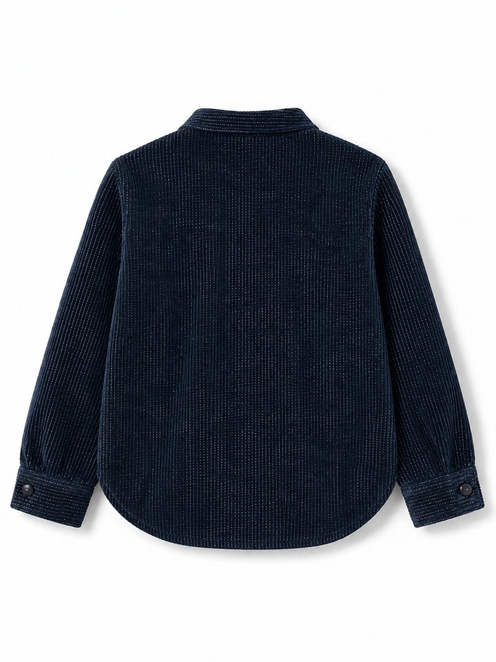 A dark navy blue corduroy shirt jacket shown from the back, featuring a classic collar and buttoned cuffs, laid flat against a white background.