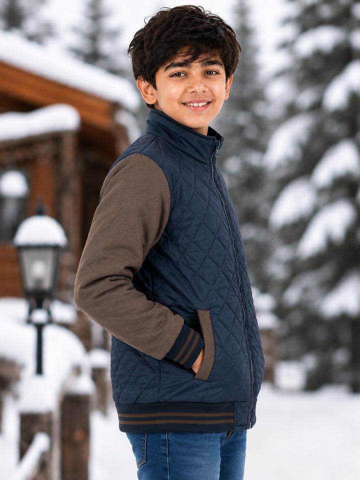 Sportking Boys Quilted Color Block Jacket – Navy/Coffee