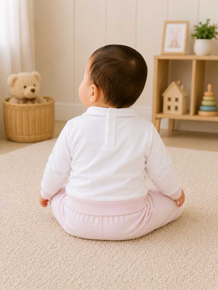 A baby sitting cross-legged on a cream carpet, viewed from behind, wearing a white long-sleeve top and light pink pants in a softly lit nursery.