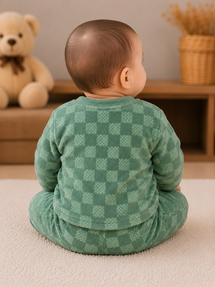 A baby sitting on a cream carpet, viewed from behind, wearing a green checkered long-sleeve pajama set. The background shows a wooden shelf with a teddy bear and a wicker basket.