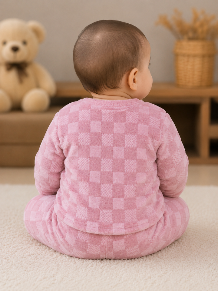 A baby sitting on a cream carpet, viewed from behind, wearing a pink long-sleeve footed sleeper with a textured pink and white checkerboard pattern. The background shows a soft-focus indoor setting with a wooden shelf, a teddy bear, and a basket.