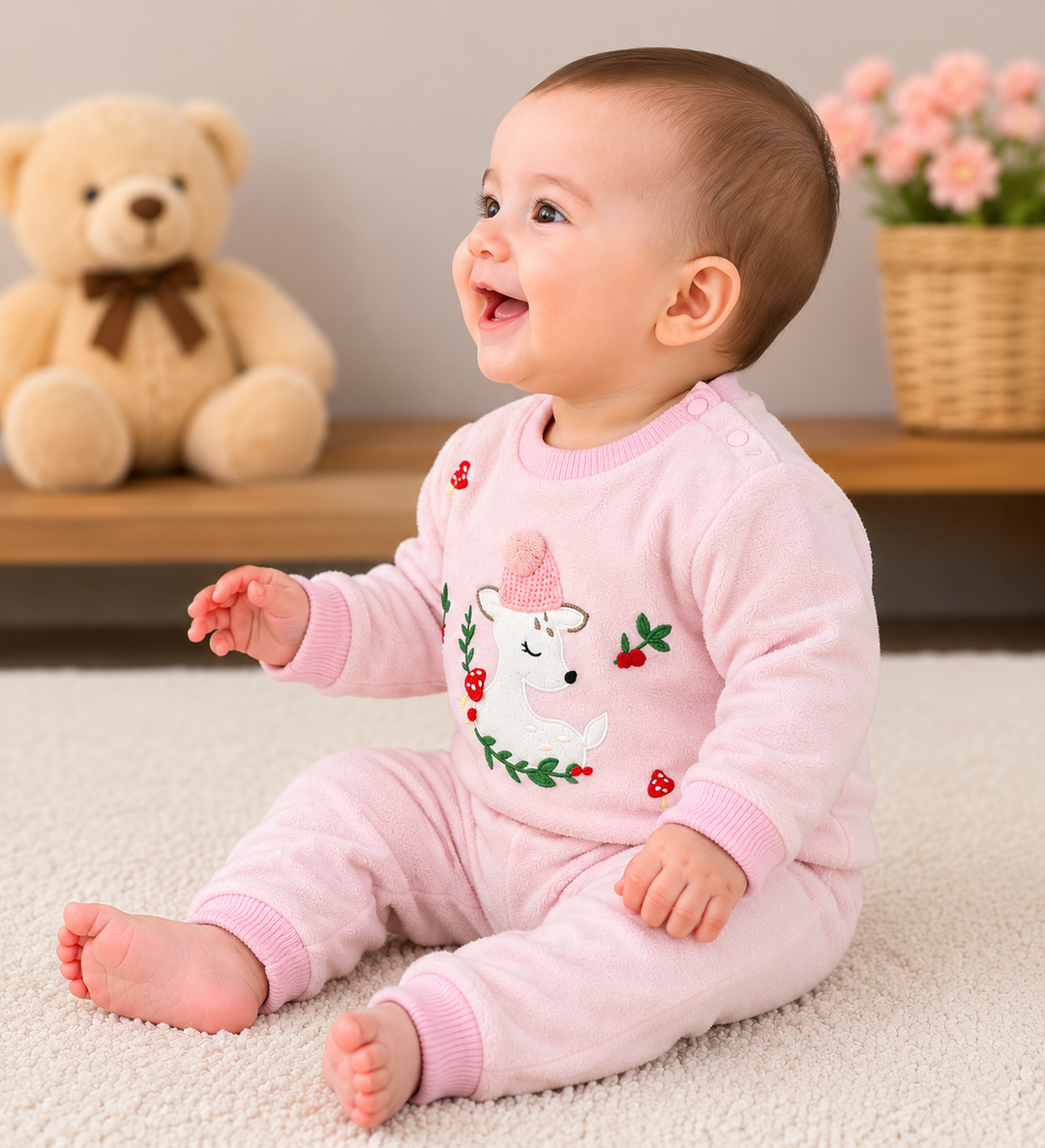 A baby sitting on a cream carpet wearing a pink long-sleeve romper with a white dog and strawberry embroidery. In the background, a beige teddy bear sits on a wooden shelf next to a basket of pink flowers.