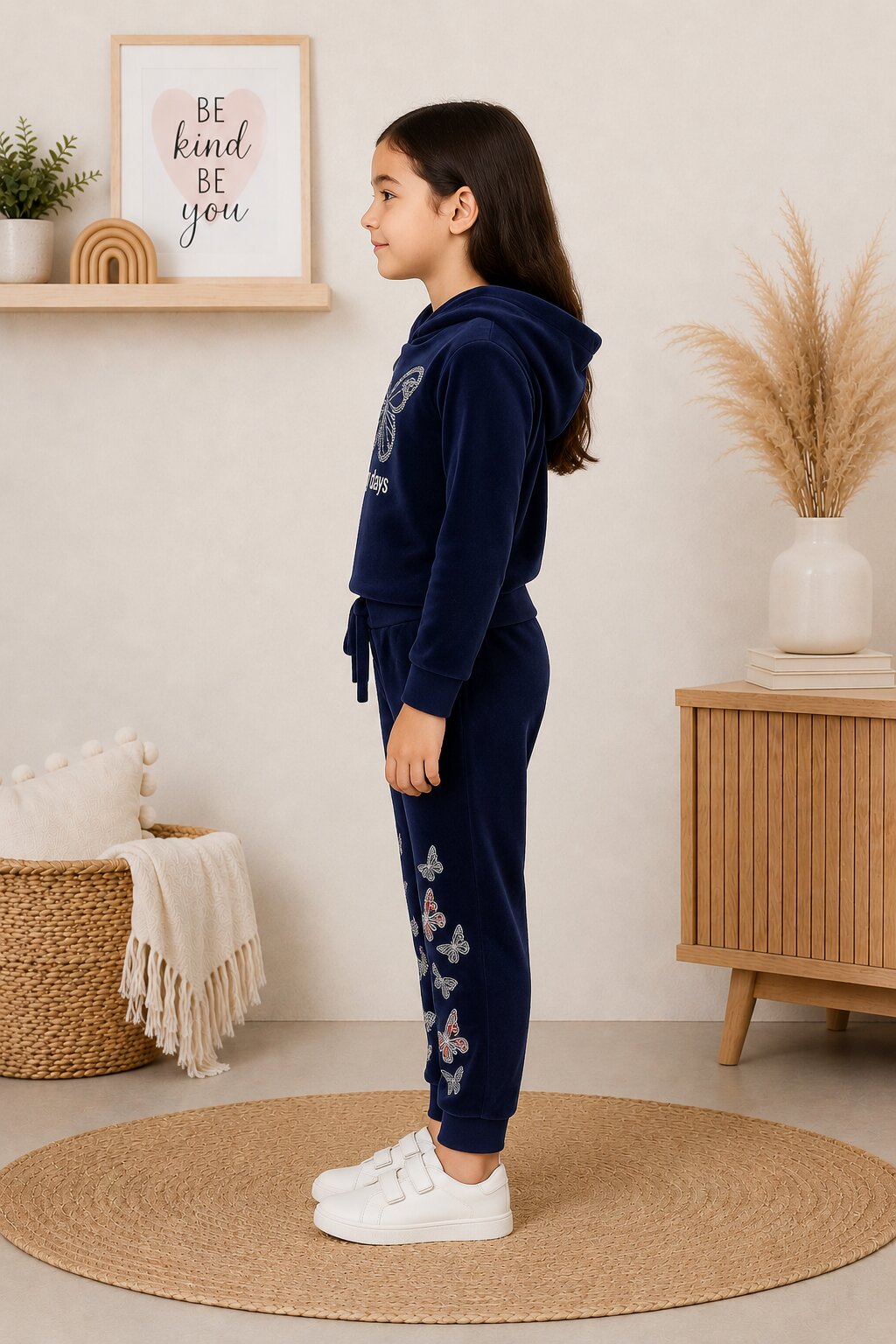 A young girl stands in profile wearing a navy blue two-piece loungewear set with butterfly details on the pants, set against a warm, neutral-toned room background.