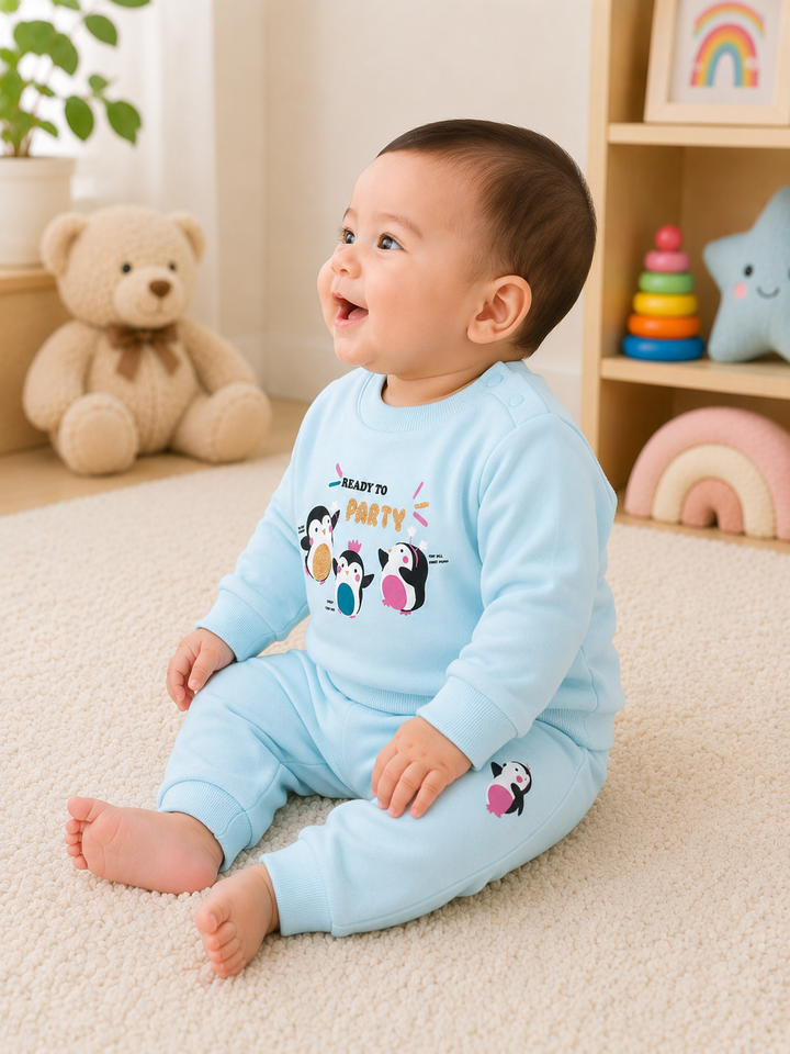 A baby sitting on a cream carpet in a playroom, wearing a light blue long-sleeve one-piece outfit with a penguin party graphic on the chest and a small penguin on the thigh.