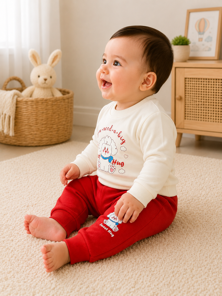 A baby sitting on a cream carpet wearing a cream long-sleeve shirt with a cartoon dog graphic and red pants, in a warm, styled nursery setting.
