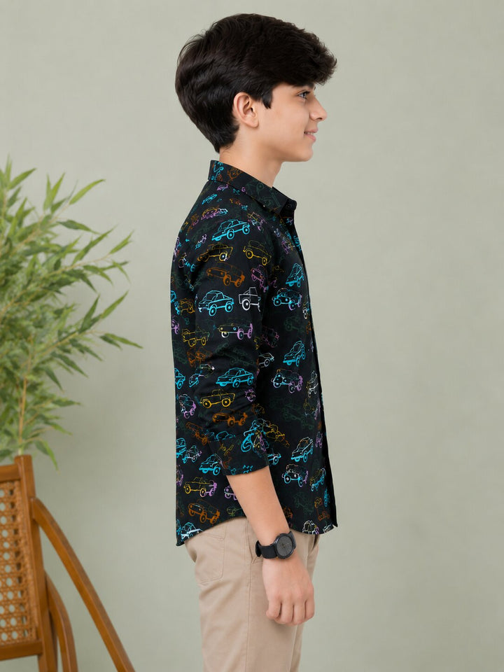 Sportking Boys Car Print Casual Shirt – Black