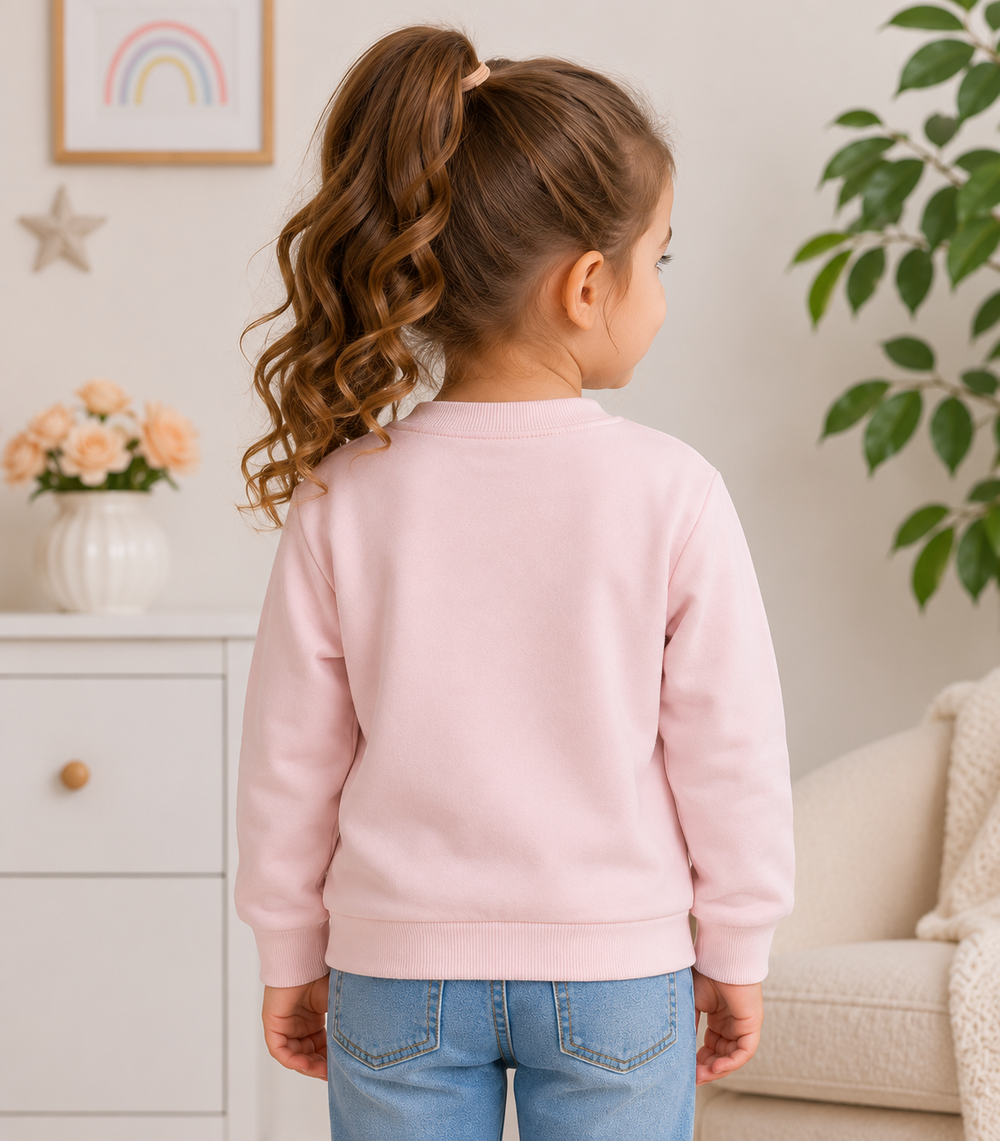 A young girl with long brown curly hair in a ponytail, viewed from behind, wearing a light pink crewneck sweatshirt and blue jeans in a bright, modern room.