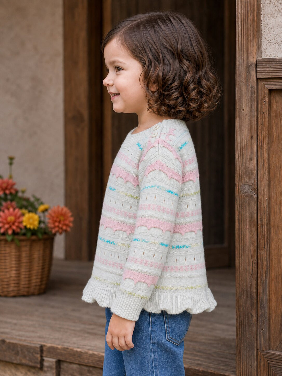 A young child with curly brown hair stands in profile wearing a cream knit sweater with pastel pink, light blue, and pale yellow horizontal stripes and scalloped edges, paired with blue jeans, set against a rustic wooden doorway background.
