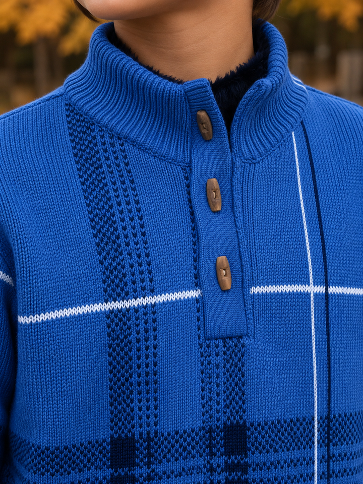 Sportking High Neck Check Jacquard Sweater – Blue