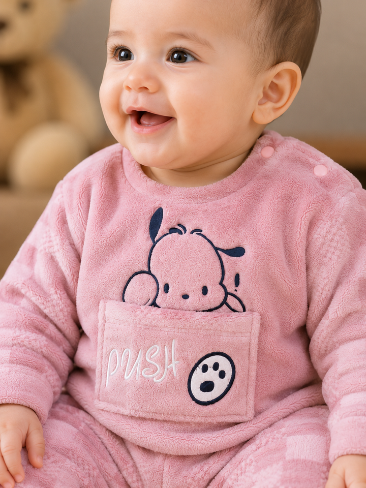A smiling baby wearing a pink long-sleeve fleece romper with a cartoon dog graphic and a front pocket that says 'PUSH' with a paw print, photographed in a soft indoor setting.
