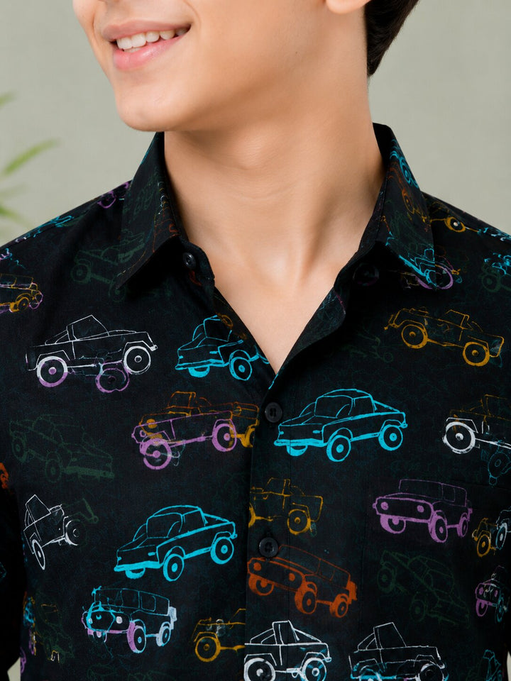 Sportking Boys Car Print Casual Shirt – Black