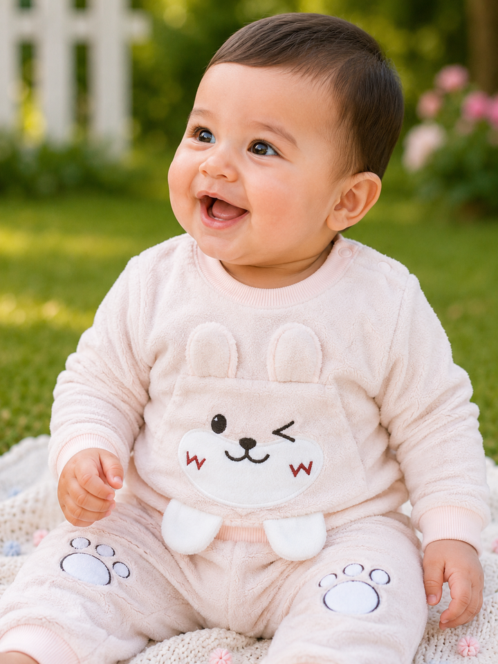 A smiling baby wearing a light pink fleece footed sleeper with a white bunny face applique on the chest and paw prints on the feet, sitting outdoors on a blanket in a garden setting.
