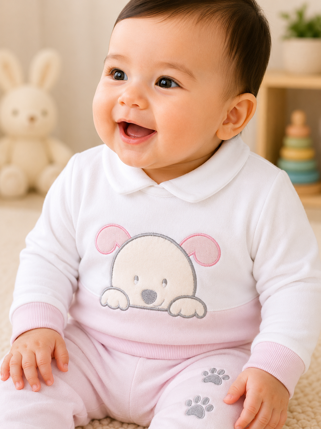 A smiling baby wearing a white and light pink one-piece outfit with a cartoon mouse face on the chest and gray paw prints on the legs, sitting in a softly lit room.