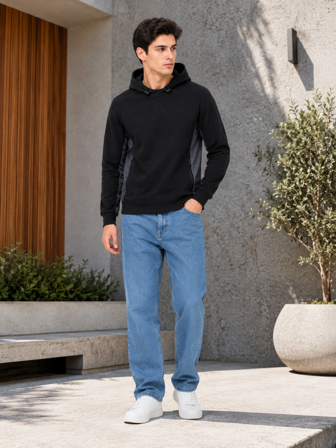 Contrast Side Panel Hooded Sweatshirt – Black