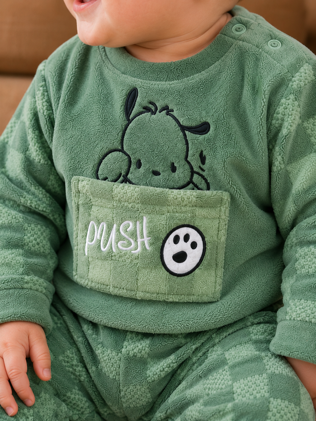 A close-up of a baby wearing a green textured fleece romper with a cartoon dog face above a front pocket that says 'PUSH' and has a paw print.