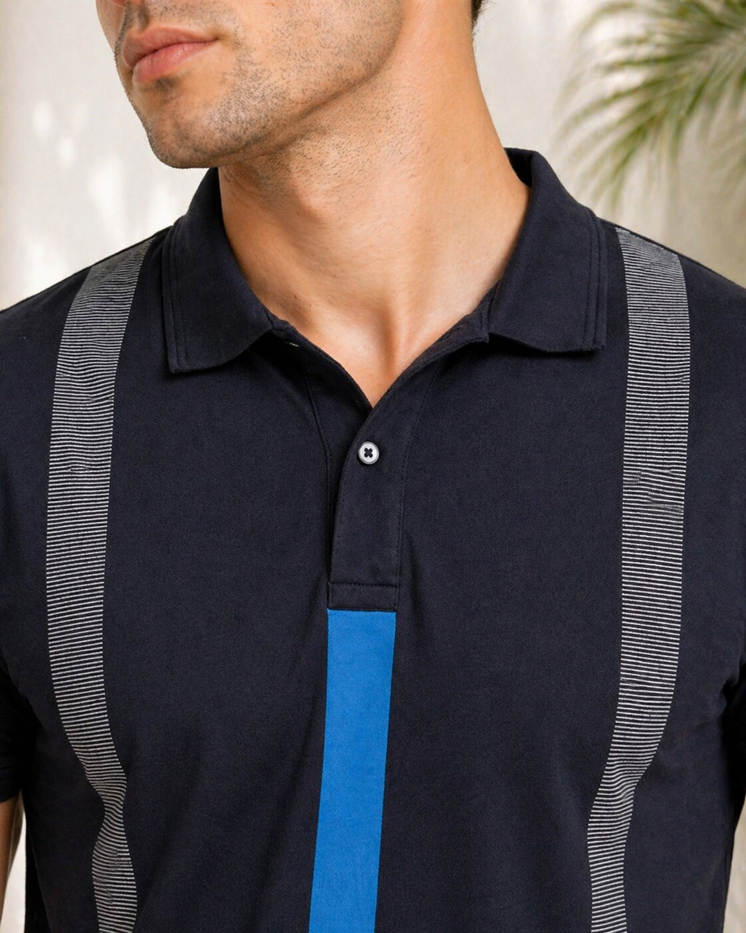 Polo T-Shirt with Contrast Vertical Stripes – Navy