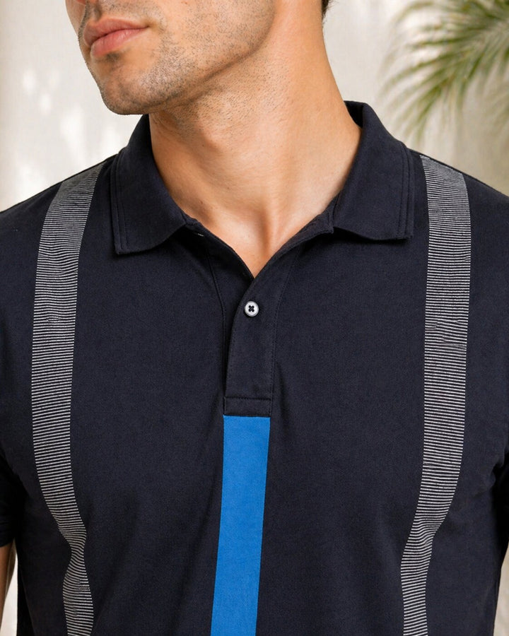 Polo T-Shirt with Contrast Vertical Stripes – Navy