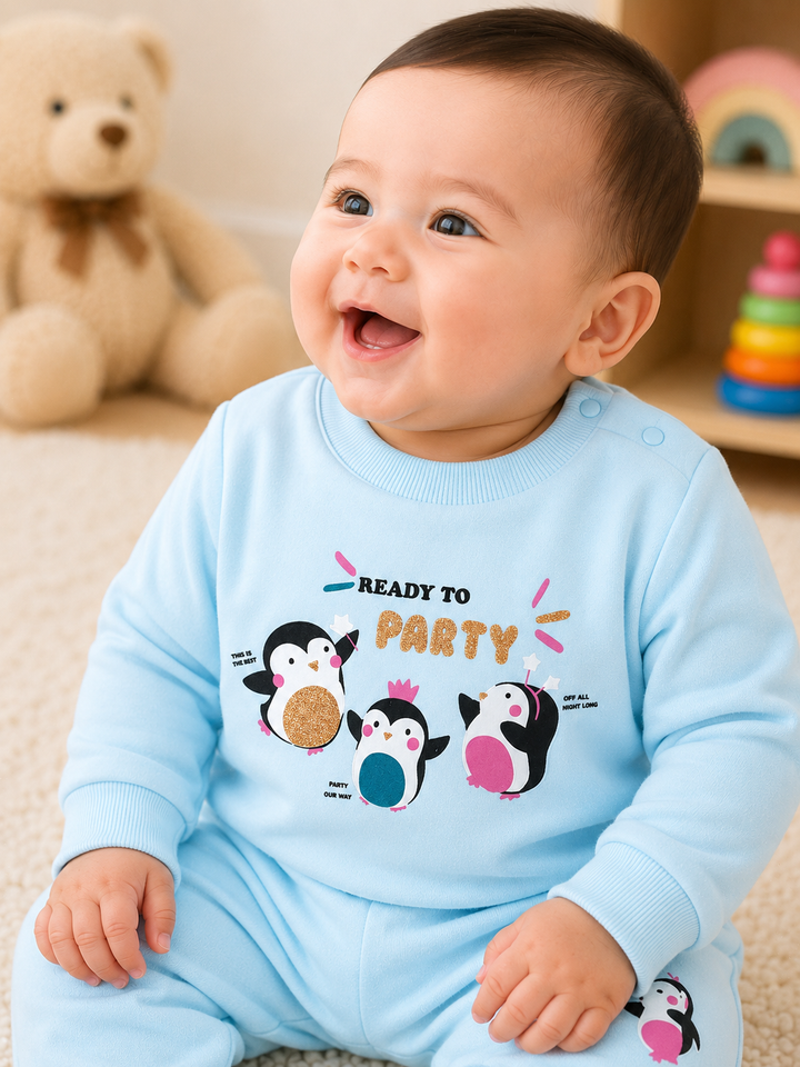 A smiling baby wearing a light blue long-sleeve footless onesie with a penguin party graphic and the words 'READY TO PARTY' on the chest, seated indoors with a teddy bear and toys in the background.