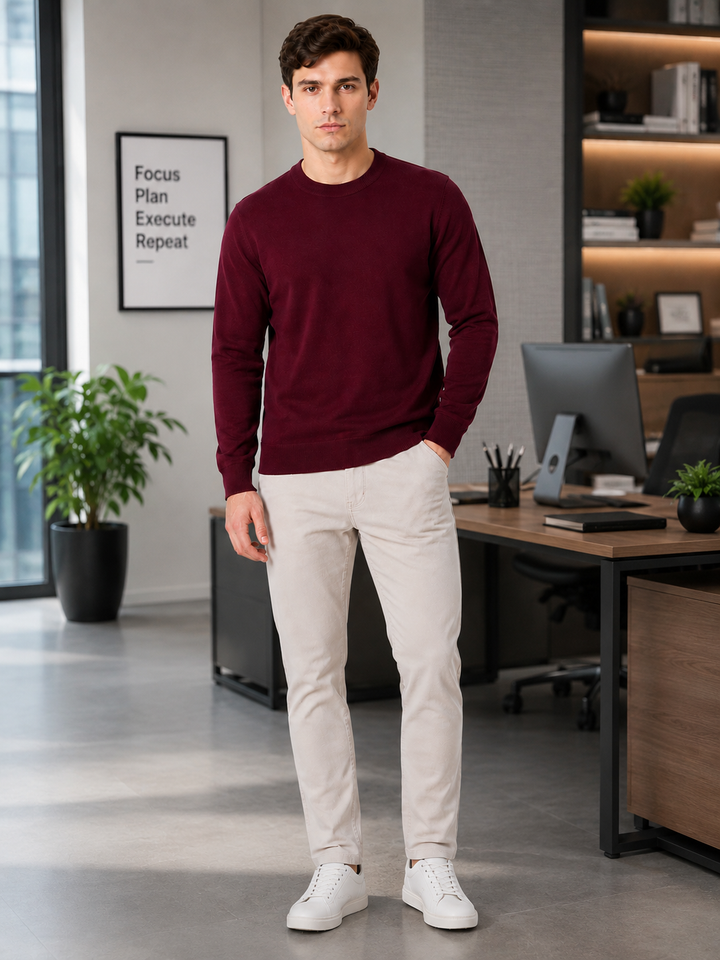 Solid Crew Neck Sweatshirt – Mehroon