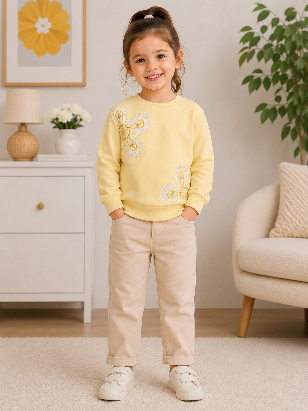 A young girl stands in a bright, modern room wearing a pale yellow sweatshirt with butterfly embroidery, beige pants, and white sneakers.