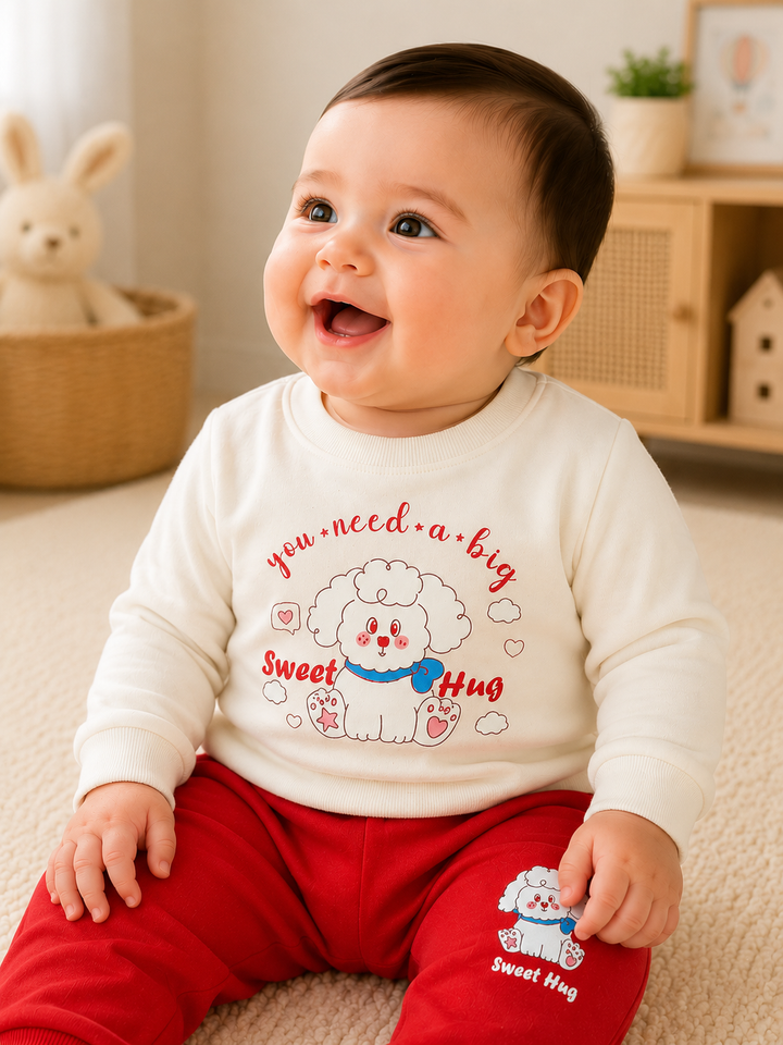 A smiling baby sitting on a beige carpet wearing a cream long-sleeve sweatshirt with a cute cartoon dog graphic and red pants. The background shows a cozy, softly lit nursery with a wooden cabinet, small plant, and a plush bunny.