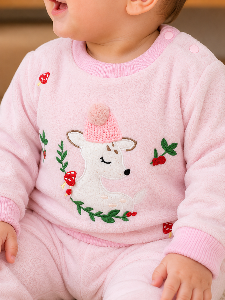 A close-up of a baby wearing a pink fleece pajama set with a white embroidered deer wearing a pink knit hat, surrounded by green leaves and red mushrooms.