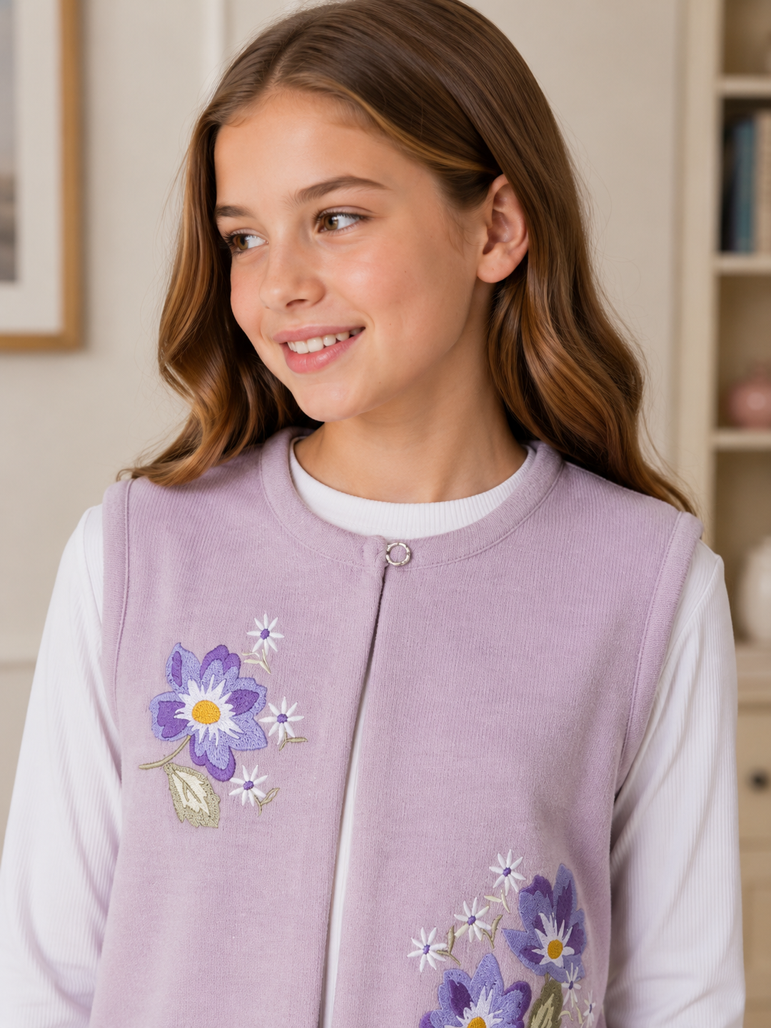 A young girl with long brown hair smiling and looking to the side, wearing a lavender zippered fleece vest with embroidered purple and white flowers over a white long-sleeve shirt.