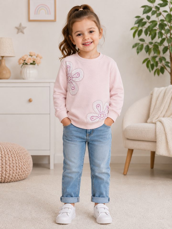 A young girl stands in a brightly lit room wearing a light pink long-sleeve sweatshirt with two large butterfly appliques, paired with light blue jeans and white sneakers.