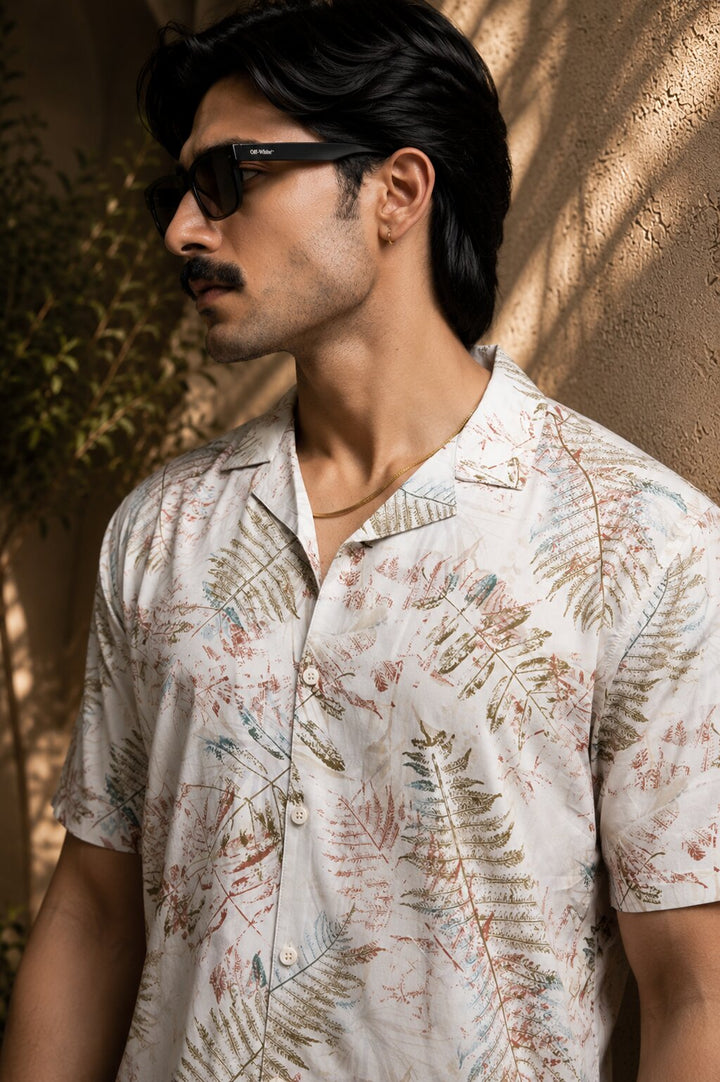 Tropical Leaf Print Casual Shirt – Cream