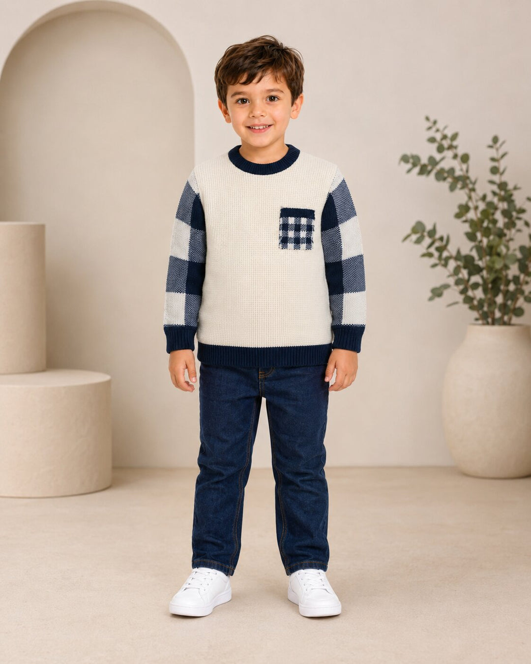 Sportking Check Sleeve Sweater – Off White
