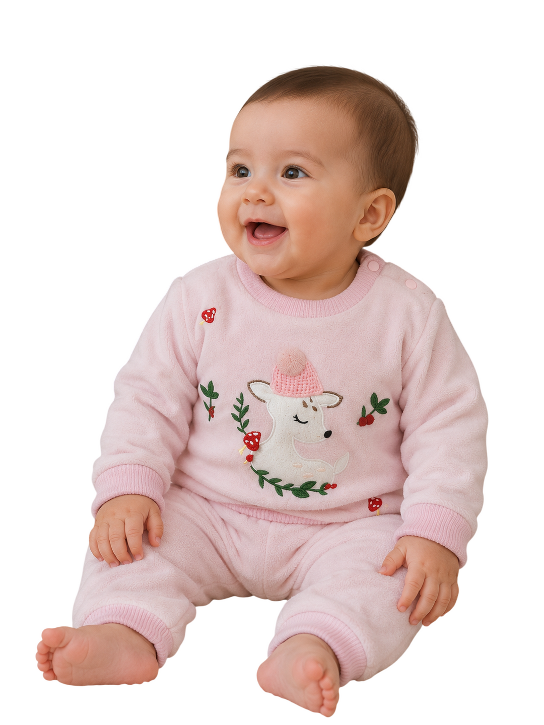 A baby sitting and wearing a light pink knit pajama set with a white bear and green leaf embroidery on the front, photographed against a solid white background.