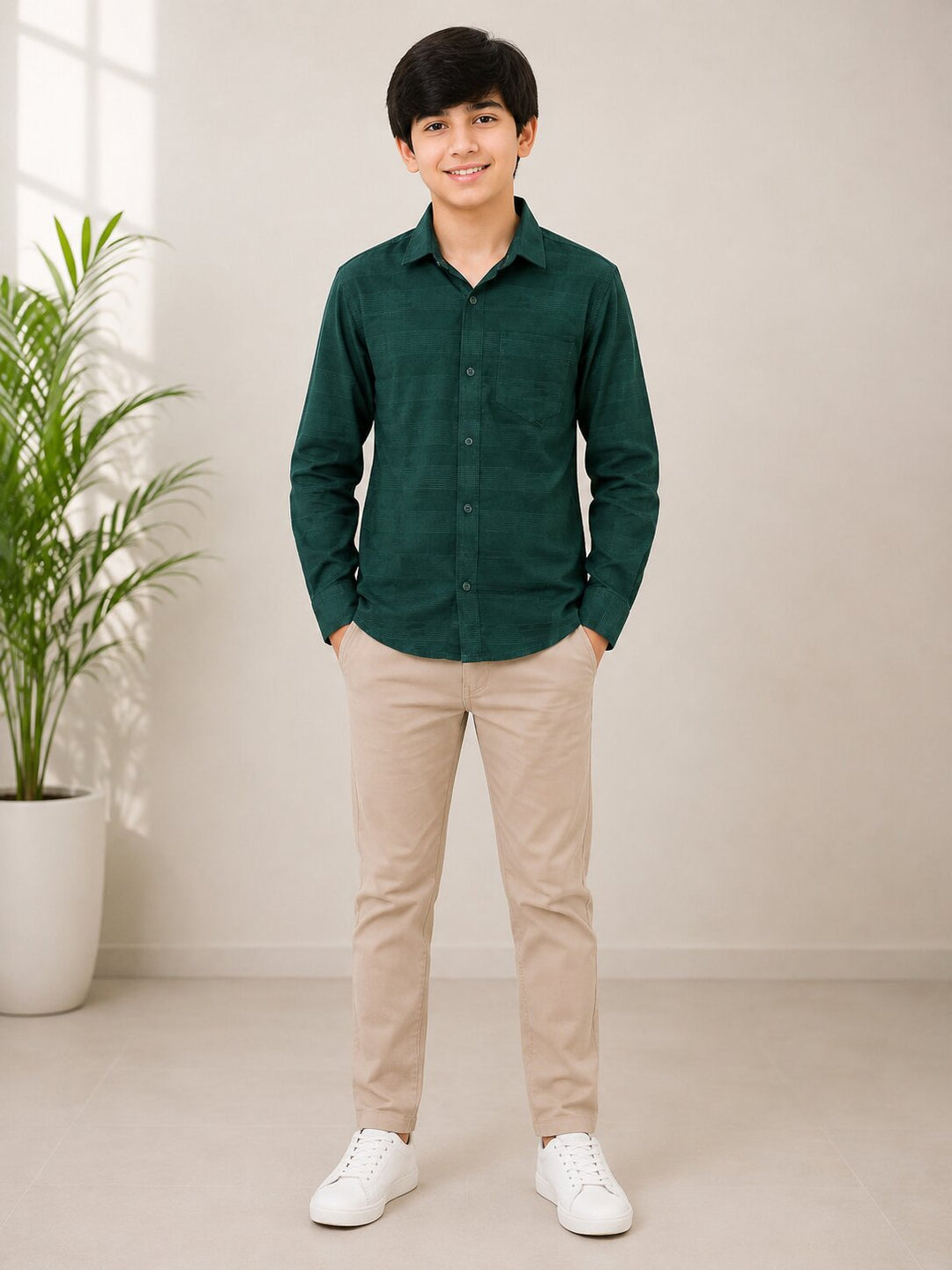 A young boy wearing a dark green long-sleeve button-up shirt, beige trousers, and white sneakers, standing in a brightly lit room with a potted plant on the left.