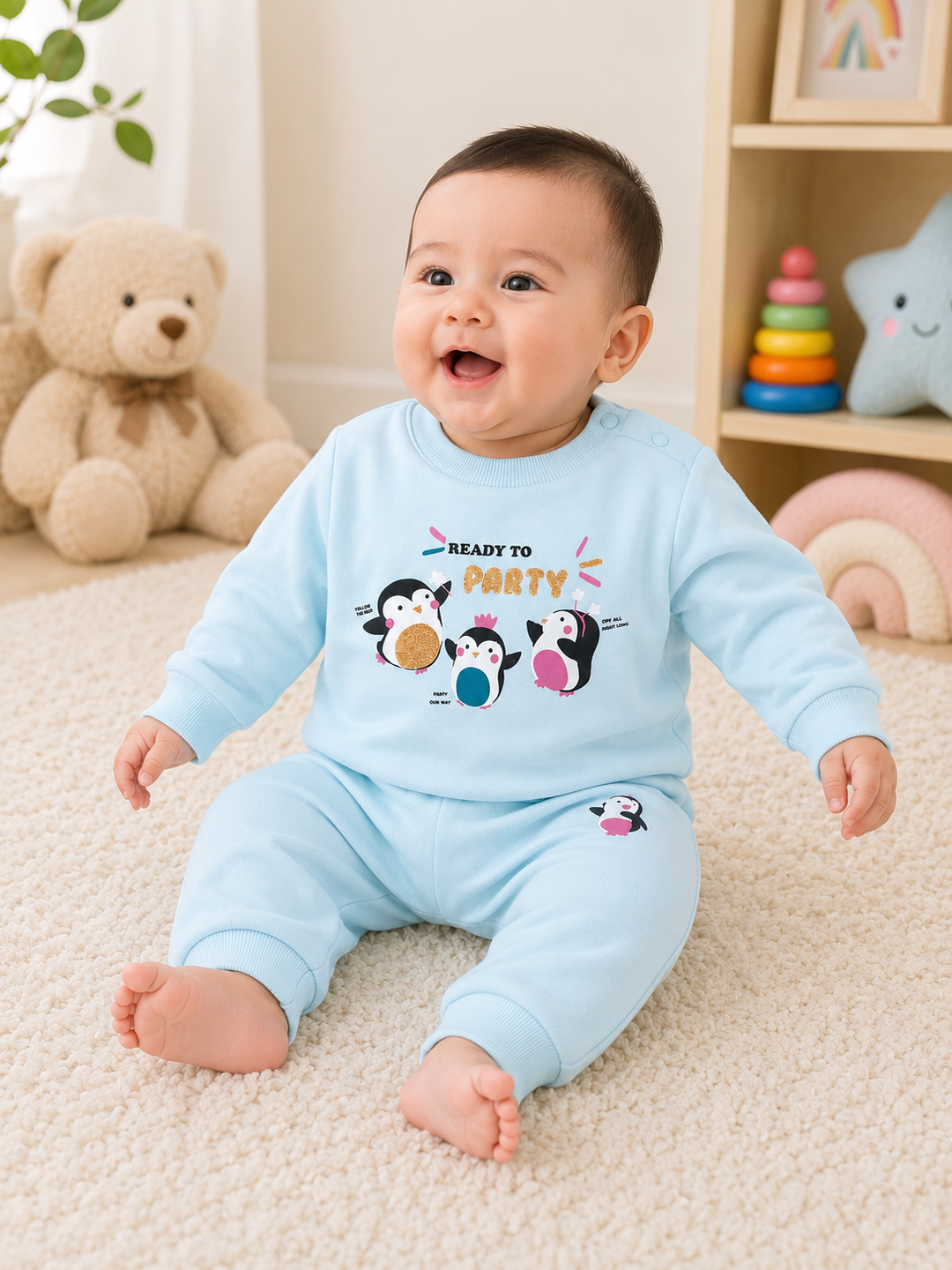 A baby sitting on a cream carpet wearing a light blue two-piece pajama set with a penguin graphic and the words 'READY TO PARTY' on the chest. The room background includes a teddy bear, toys, and a shelf.