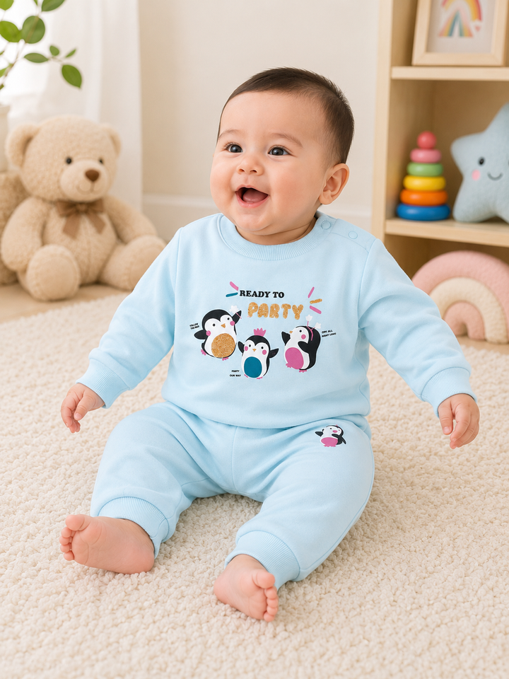 A baby sitting on a cream carpet wearing a light blue two-piece pajama set with a penguin graphic and the words 'READY TO PARTY' on the chest. The room background includes a teddy bear, toys, and a shelf.