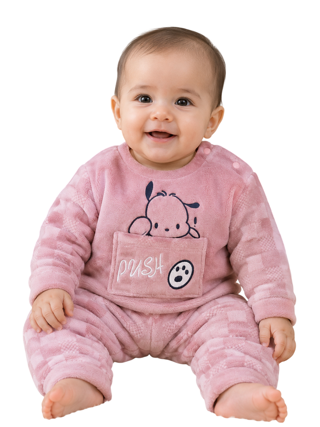 A smiling baby wearing a pink textured fleece one-piece jumpsuit with a cartoon dog graphic and the word 'PUSH' on the chest pocket, photographed against a solid white background.