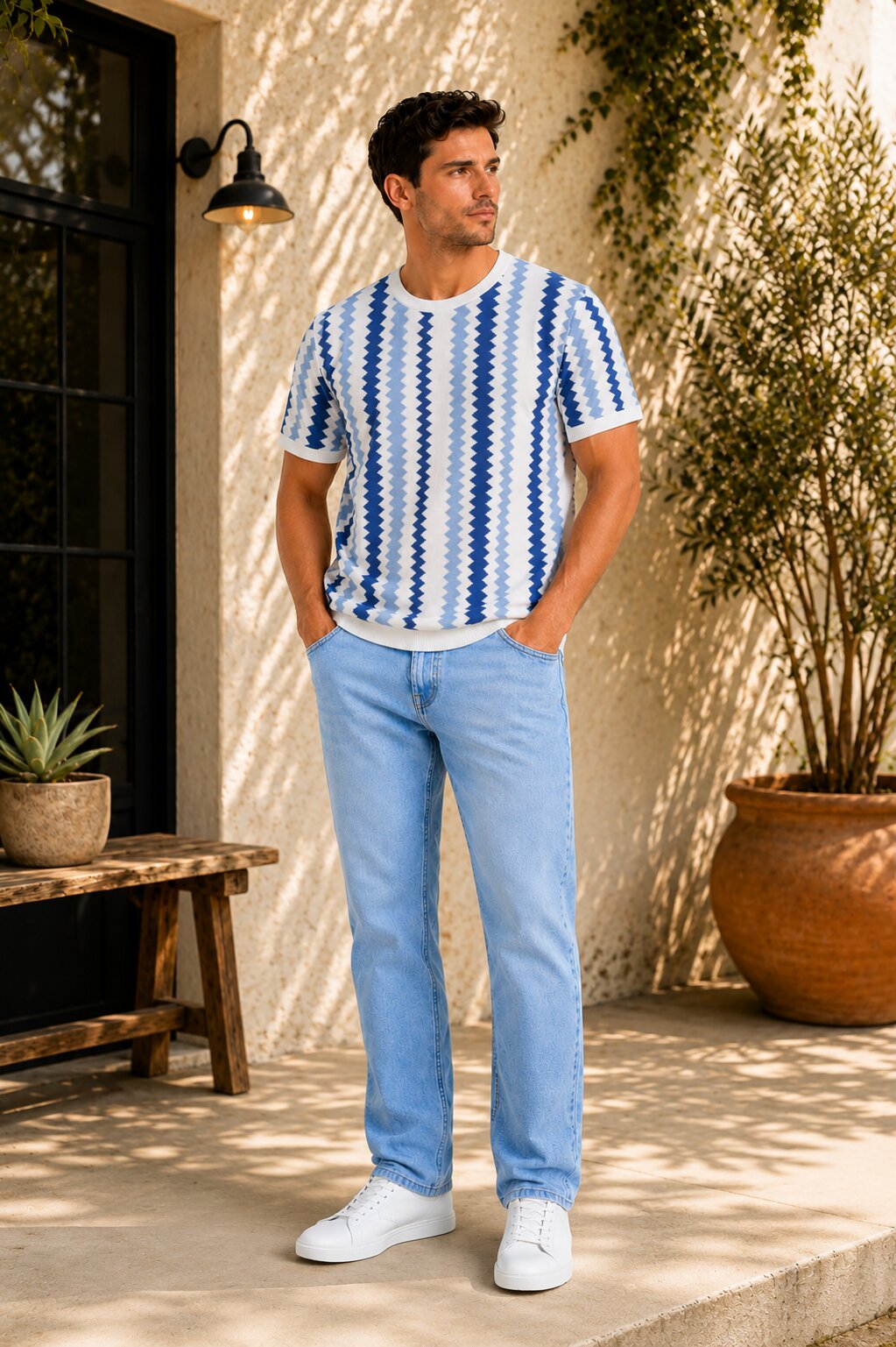 Zigzag Pattern Knitted T-shirt - Off White